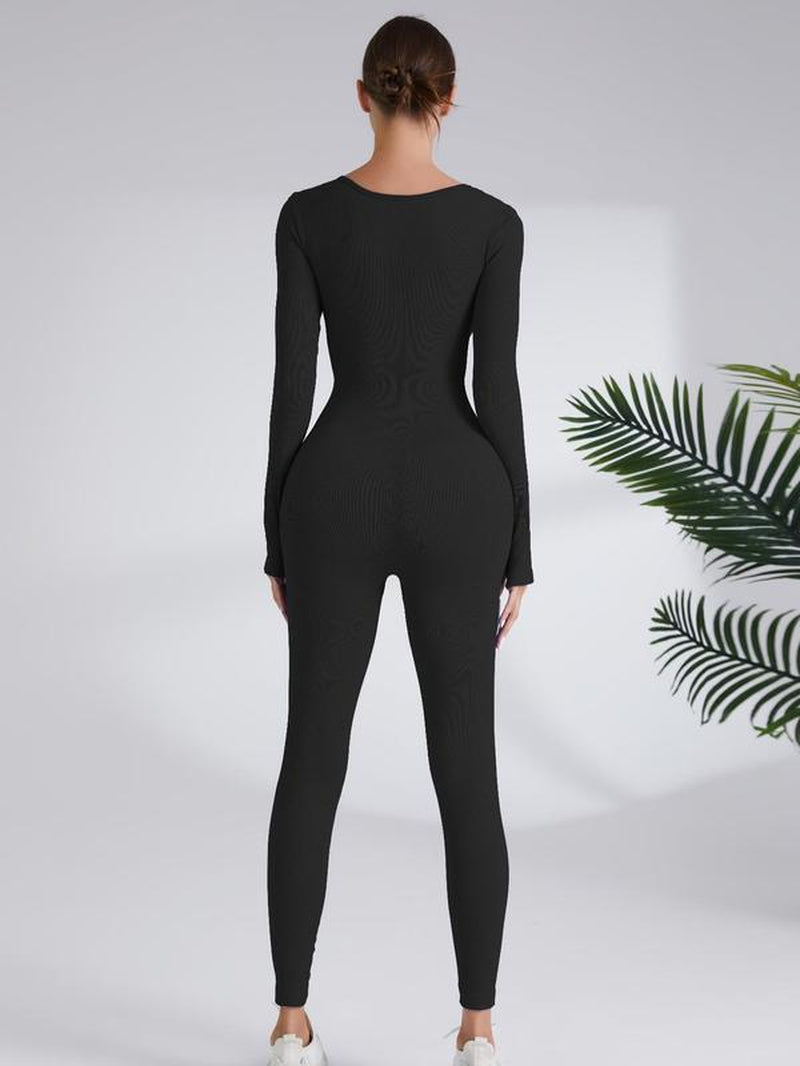 Women'S Plain Square Neck Long Sleeve Sports Tummy Control Jumpsuit, Casual Sporty Seamless Jumpsuit for Yoga Gym Workout Running, Ladies Fall & Winter Sports Clothes