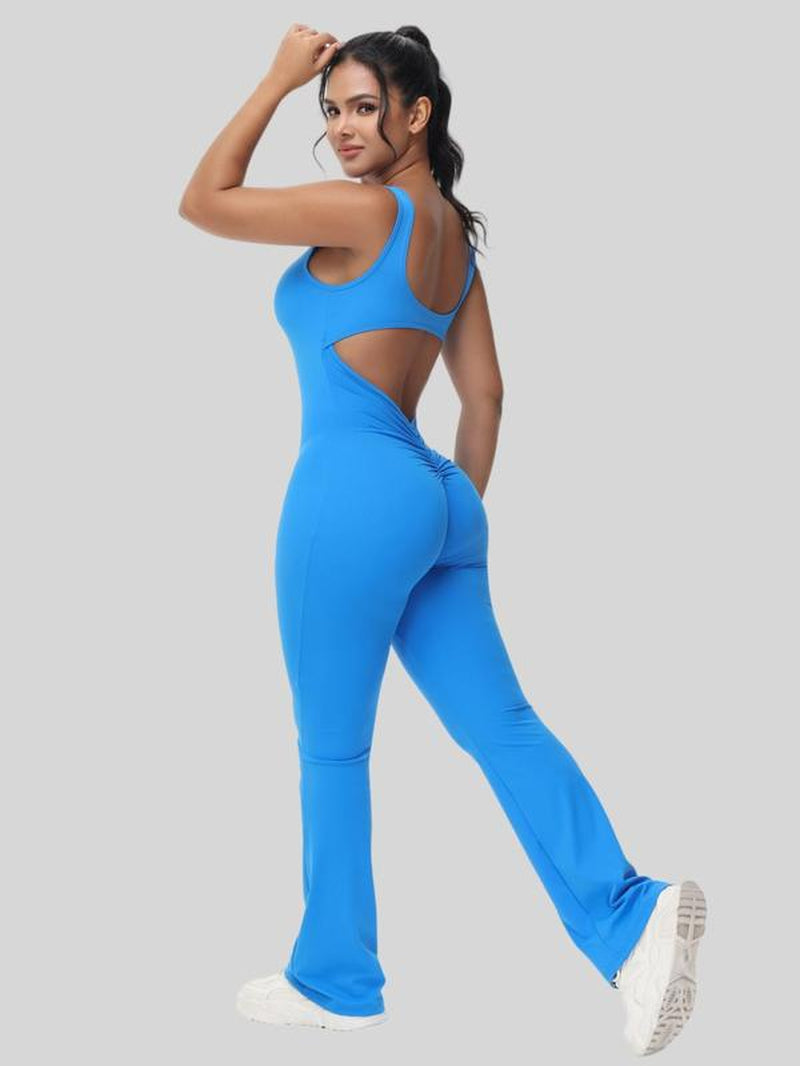 Women'S Cut Out Ruched Backless Flare Leg Tank Sports Jumpsuit, Comfy Breathable Seamless Jumpsuit for Workout, Ladies' Sports Clothes, Compression Garment, Yoga Jumpsuit, Workout Jumpsuits, Workout Gym Clothing, Workout Apparel