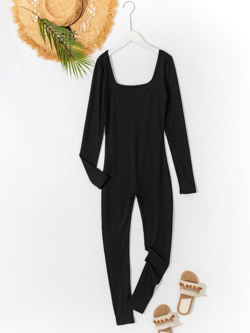 Women'S Solid Square Neck Long Sleeve Sports Jumpsuit, Casual Sporty Seamless One-Piece Jumpsuit for Yoga Gym Workout Running, Ladies Spring & Fall Sports Clothes