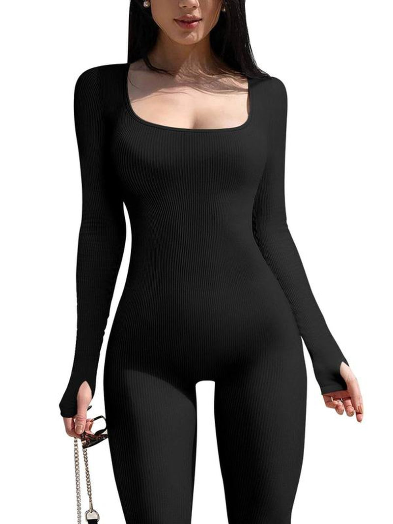 Women'S Solid Square Neck Long Sleeve Sports Jumpsuit, Casual Sporty Seamless One-Piece Jumpsuit for Yoga Gym Workout Running, Ladies Spring & Fall Sports Clothes