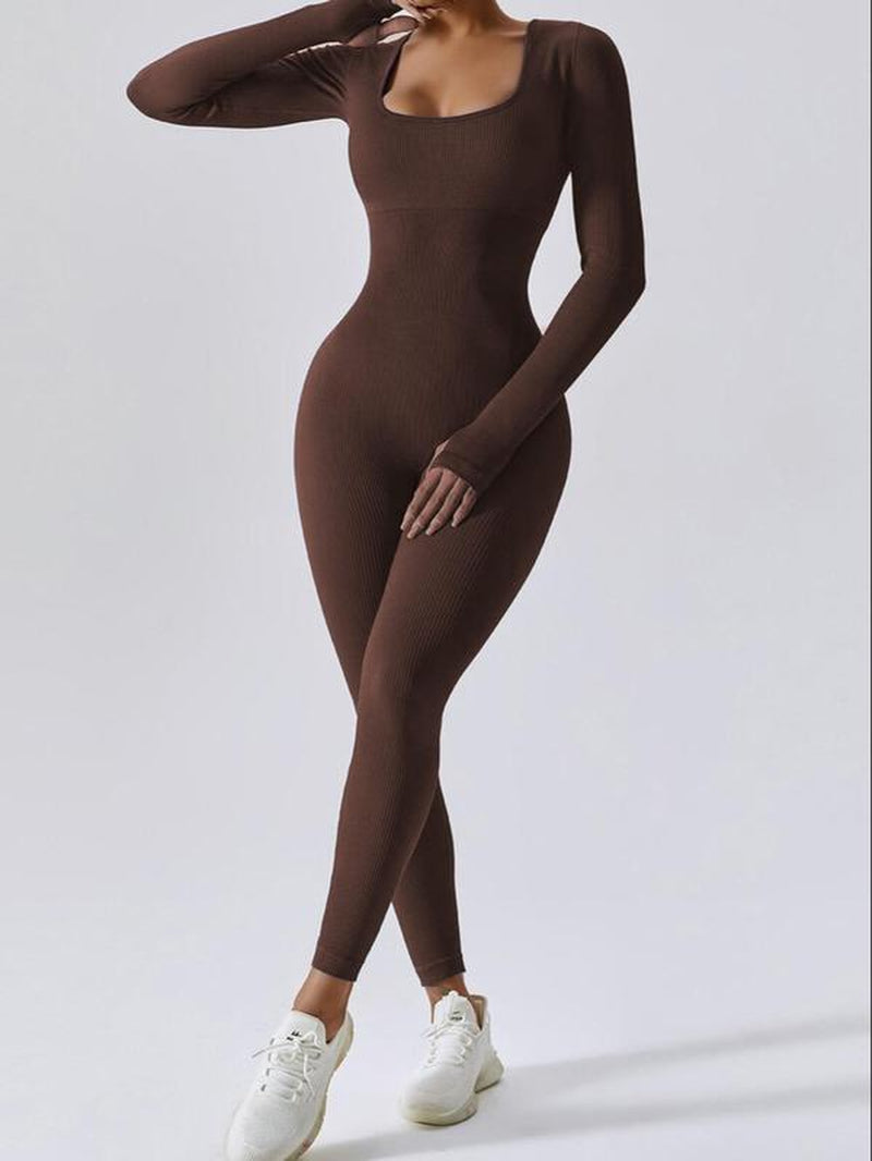 Women'S Plain Square Neck Long Sleeve Sports Tummy Control Jumpsuit, Casual Sporty Seamless Jumpsuit for Yoga Gym Workout Running, Ladies Fall & Winter Sports Clothes