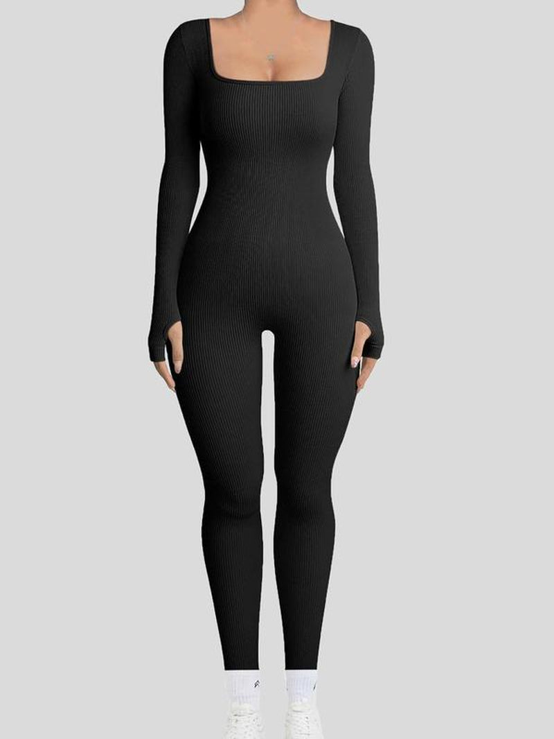 Women'S Plain Square Neck Long Sleeve Sports Tummy Control Jumpsuit, Casual Sporty Seamless Jumpsuit for Yoga Gym Workout Running, Ladies Fall & Winter Sports Clothes