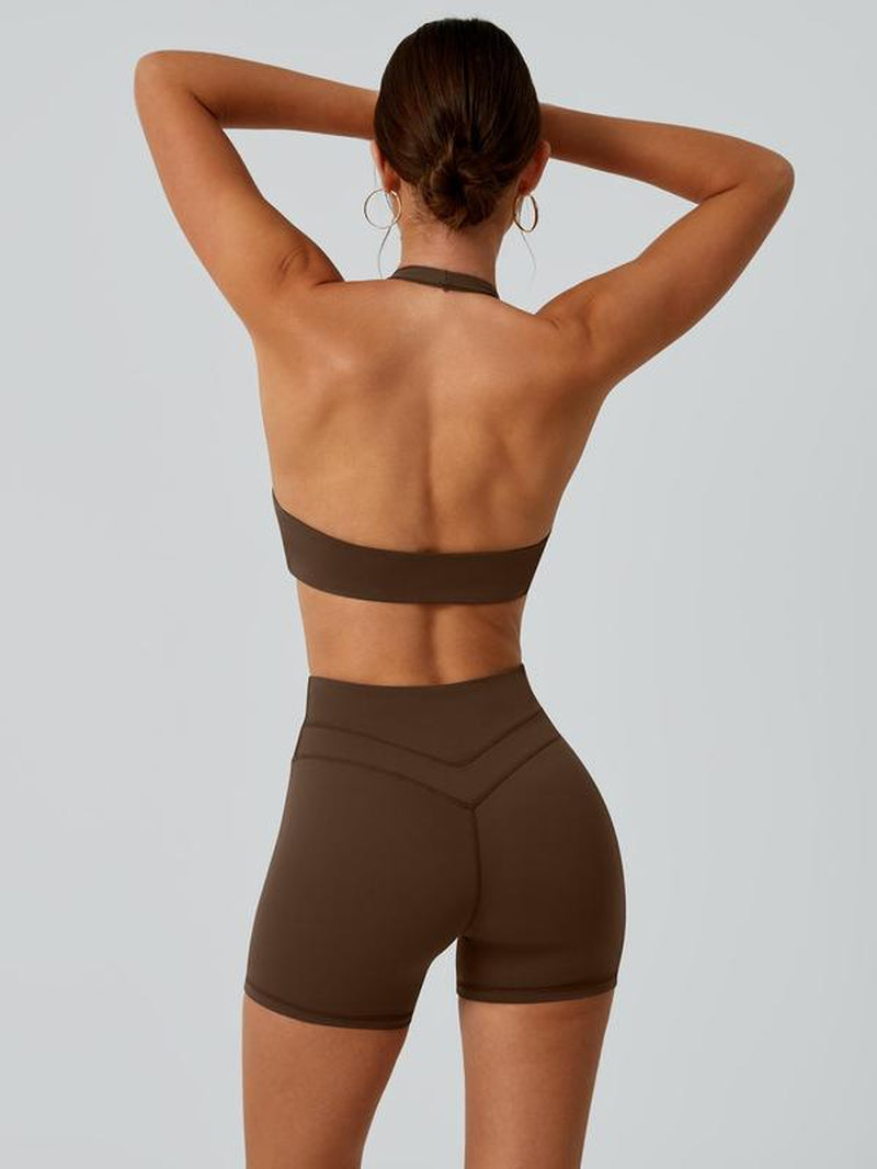 2 Piece Set Women'S Sports Bras Shorts Detachable Chest Pads Hanging Neck Exposed Back High Waist High Elasticity Abdominal Compression Hip Lifting Comfortable Quick Drying Yoga Clothes Gym Training Golf Tennis Clothes Women'S Sports Clothes
