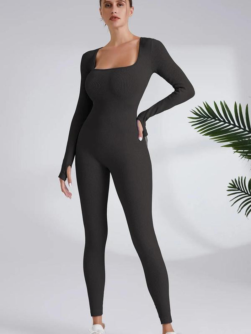 Women'S Plain Square Neck Long Sleeve Sports Tummy Control Jumpsuit, Casual Sporty Seamless Jumpsuit for Yoga Gym Workout Running, Ladies Fall & Winter Sports Clothes