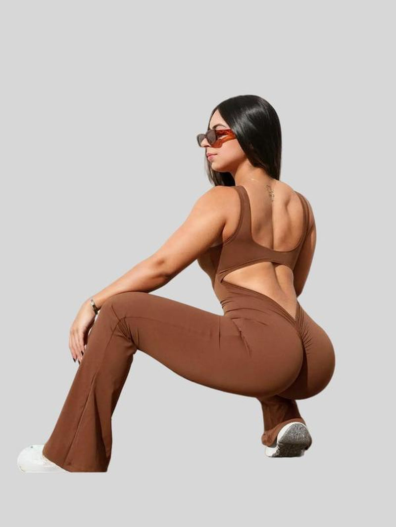 Women'S Cut Out Ruched Backless Flare Leg Tank Sports Jumpsuit, Comfy Breathable Seamless Jumpsuit for Workout, Ladies' Sports Clothes, Compression Garment, Yoga Jumpsuit, Workout Jumpsuits, Workout Gym Clothing, Workout Apparel