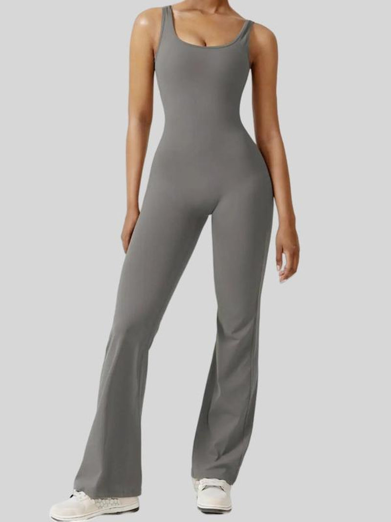 Women'S Cut Out Ruched Backless Flare Leg Tank Sports Jumpsuit, Comfy Breathable Seamless Jumpsuit for Workout, Ladies' Sports Clothes, Compression Garment, Yoga Jumpsuit, Workout Jumpsuits, Workout Gym Clothing, Workout Apparel