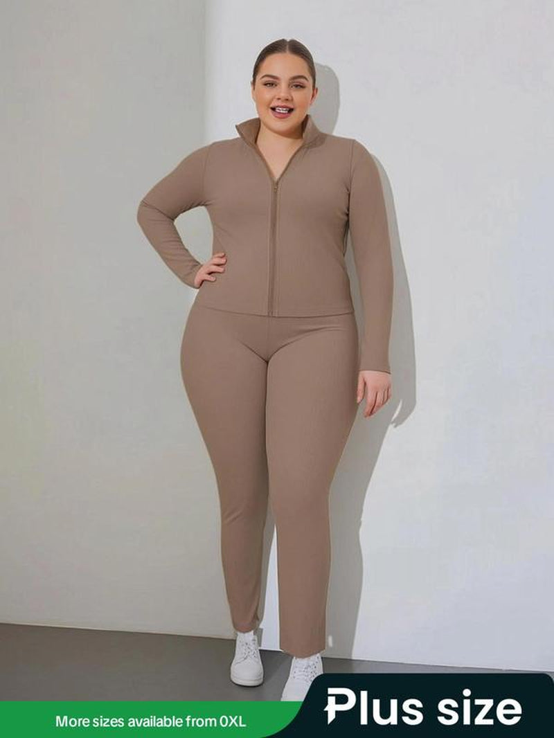 Plus Size Two-Piece Set Workout Outfits Long Sleeve Mock Neck Zip up Jacket and Leggings Set, Casual Spring & Fall Athletic Sports Clothes Set for Women