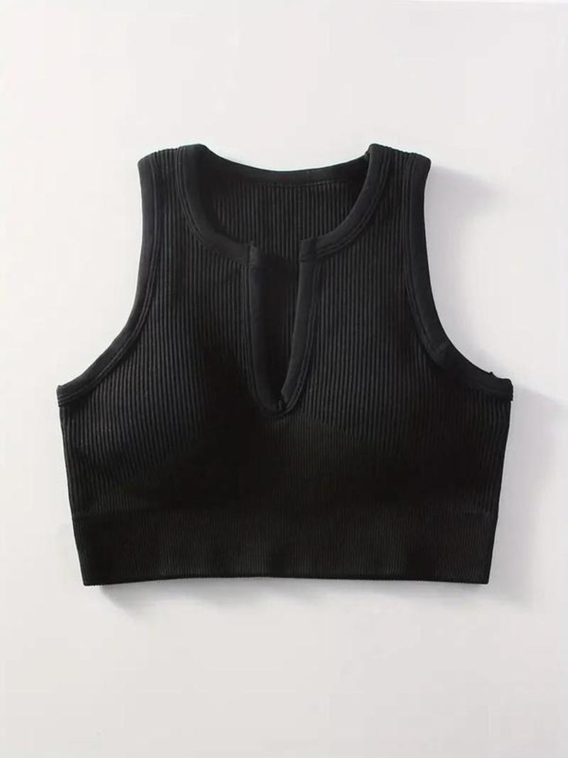 Women'S Solid Notched Neck Crop Sports Push up Tank Top, Casual Comfortable Sleeveless Crop Top, Running Vest, Summer Outfits 2024, Women Sports Clothes, Gym Clothes, Fitness Clothes