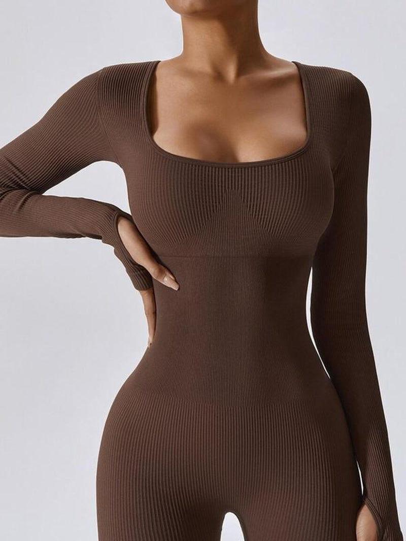 Women'S Plain Square Neck Long Sleeve Sports Tummy Control Jumpsuit, Casual Sporty Seamless Jumpsuit for Yoga Gym Workout Running, Ladies Fall & Winter Sports Clothes
