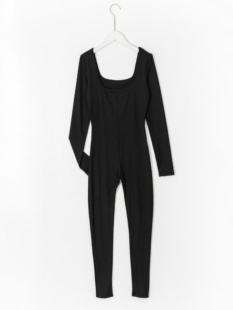 Women'S Solid Square Neck Long Sleeve Sports Jumpsuit, Casual Sporty Seamless One-Piece Jumpsuit for Yoga Gym Workout Running, Ladies Spring & Fall Sports Clothes