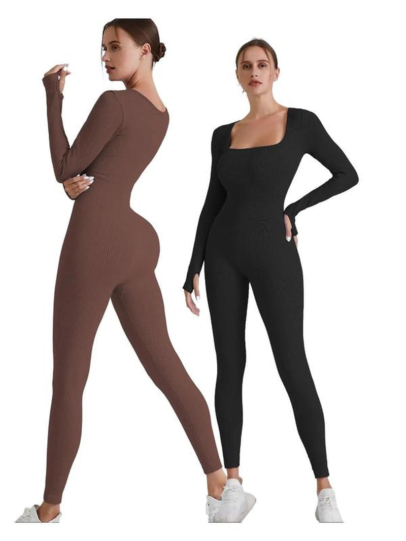 Women'S Plain Square Neck Long Sleeve Sports Tummy Control Jumpsuit, Casual Sporty Seamless Jumpsuit for Yoga Gym Workout Running, Ladies Fall & Winter Sports Clothes