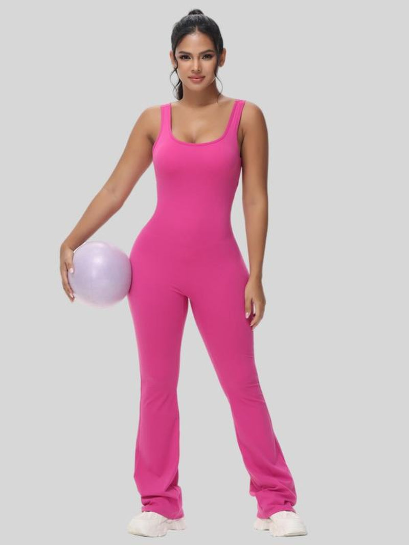 Women'S Cut Out Ruched Backless Flare Leg Tank Sports Jumpsuit, Comfy Breathable Seamless Jumpsuit for Workout, Ladies' Sports Clothes, Compression Garment, Yoga Jumpsuit, Workout Jumpsuits, Workout Gym Clothing, Workout Apparel