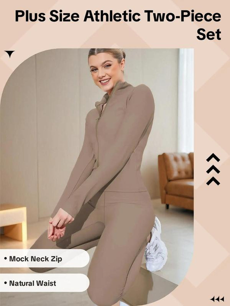 Plus Size Two-Piece Set Workout Outfits Long Sleeve Mock Neck Zip up Jacket and Leggings Set, Casual Spring & Fall Athletic Sports Clothes Set for Women