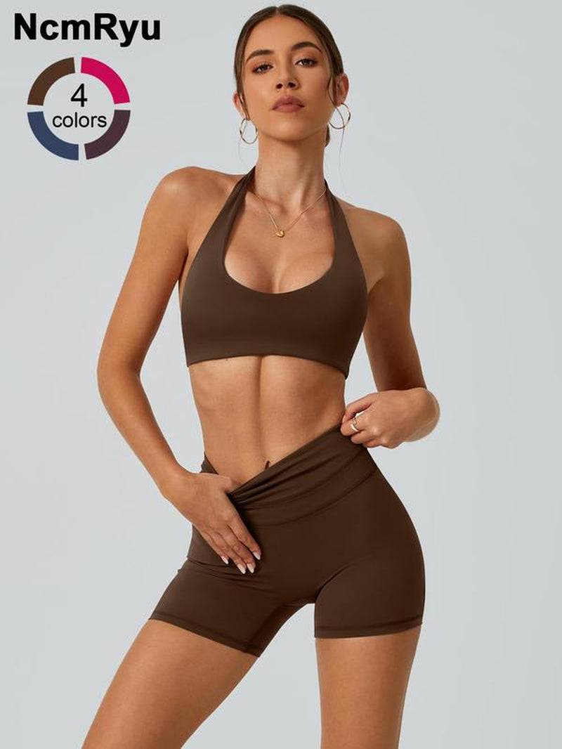 2 Piece Set Women'S Sports Bras Shorts Detachable Chest Pads Hanging Neck Exposed Back High Waist High Elasticity Abdominal Compression Hip Lifting Comfortable Quick Drying Yoga Clothes Gym Training Golf Tennis Clothes Women'S Sports Clothes