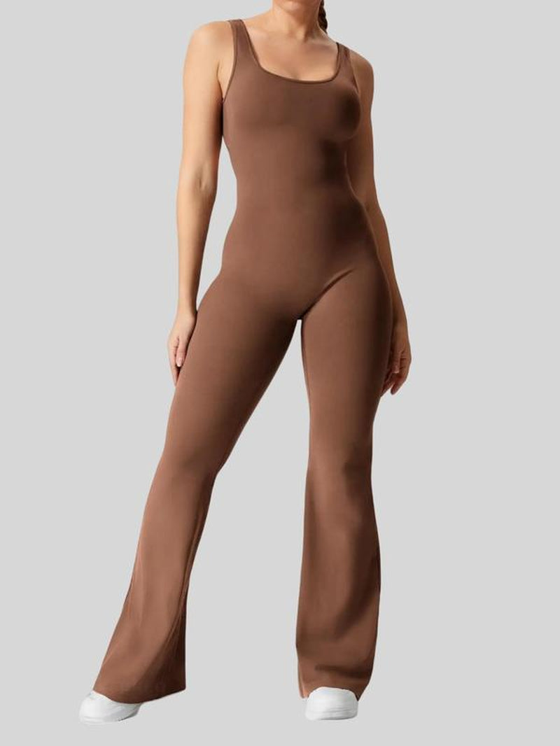 Women'S Cut Out Ruched Backless Flare Leg Tank Sports Jumpsuit, Comfy Breathable Seamless Jumpsuit for Workout, Ladies' Sports Clothes, Compression Garment, Yoga Jumpsuit, Workout Jumpsuits, Workout Gym Clothing, Workout Apparel