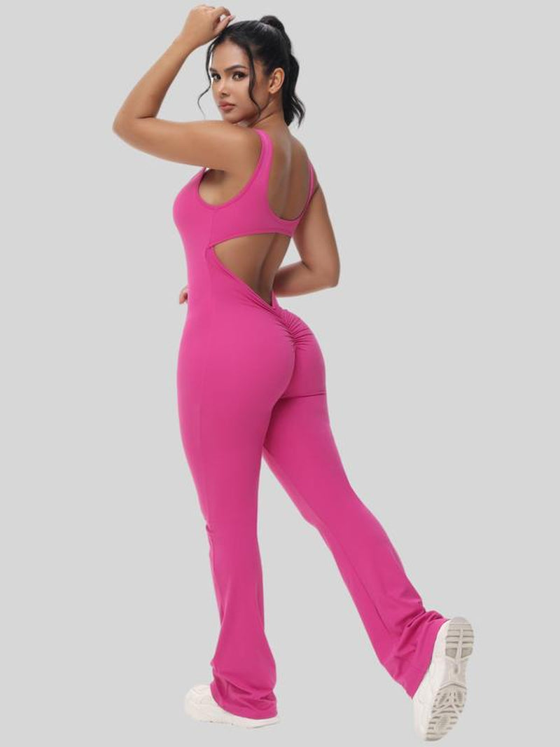 Women'S Cut Out Ruched Backless Flare Leg Tank Sports Jumpsuit, Comfy Breathable Seamless Jumpsuit for Workout, Ladies' Sports Clothes, Compression Garment, Yoga Jumpsuit, Workout Jumpsuits, Workout Gym Clothing, Workout Apparel