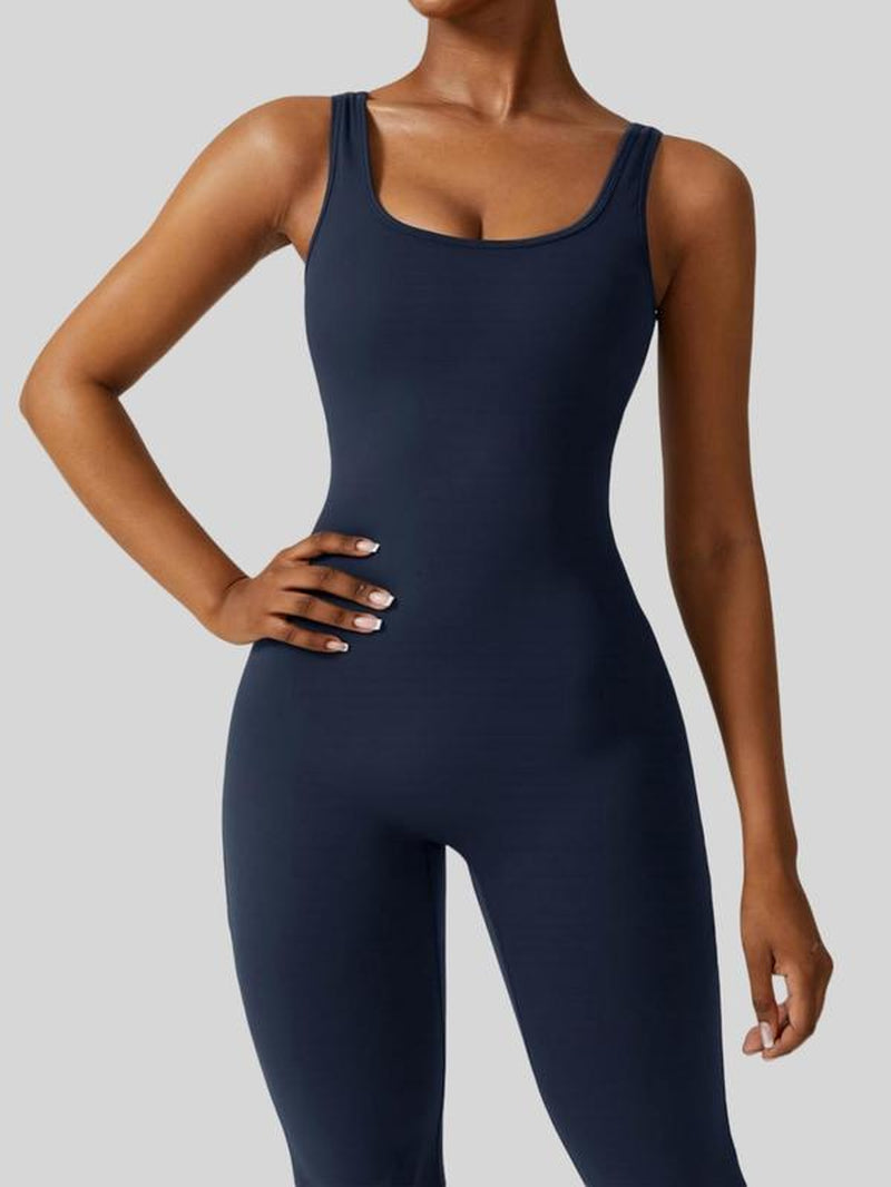 Women'S Cut Out Ruched Backless Flare Leg Tank Sports Jumpsuit, Comfy Breathable Seamless Jumpsuit for Workout, Ladies' Sports Clothes, Compression Garment, Yoga Jumpsuit, Workout Jumpsuits, Workout Gym Clothing, Workout Apparel