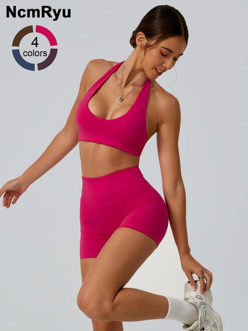 2 Piece Set Women'S Sports Bras Shorts Detachable Chest Pads Hanging Neck Exposed Back High Waist High Elasticity Abdominal Compression Hip Lifting Comfortable Quick Drying Yoga Clothes Gym Training Golf Tennis Clothes Women'S Sports Clothes