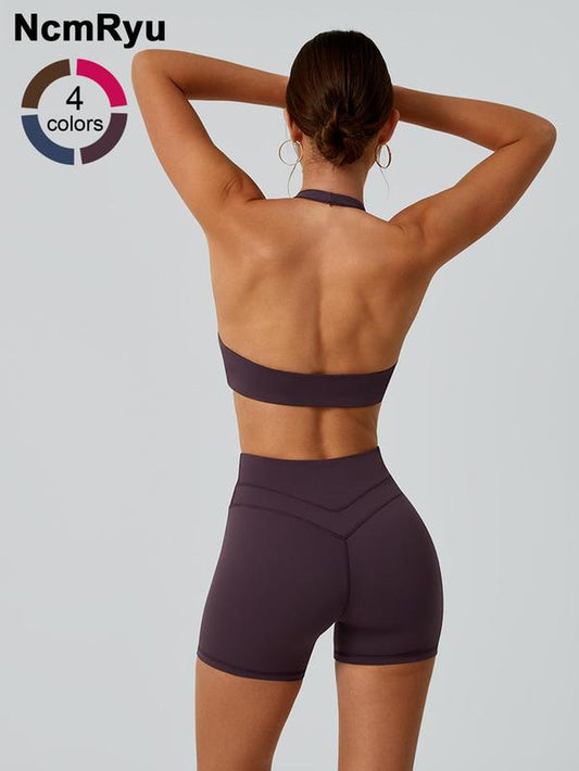 2 Piece Set Women'S Sports Bras Shorts Detachable Chest Pads Hanging Neck Exposed Back High Waist High Elasticity Abdominal Compression Hip Lifting Comfortable Quick Drying Yoga Clothes Gym Training Golf Tennis Clothes Women'S Sports Clothes