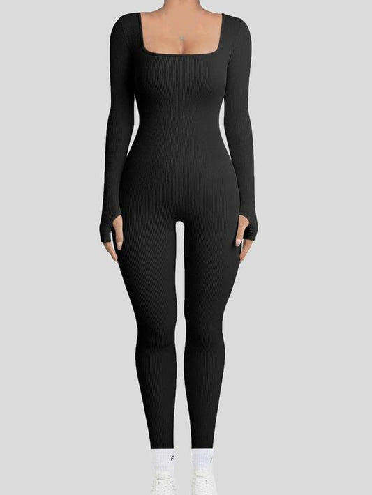 Women'S Plain Square Neck Long Sleeve Sports Tummy Control Jumpsuit, Casual Sporty Seamless Jumpsuit for Yoga Gym Workout Running, Ladies Fall & Winter Sports Clothes
