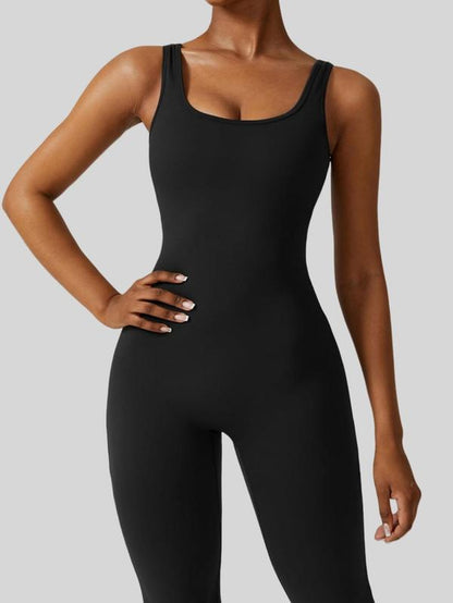 Women'S Cut Out Ruched Backless Flare Leg Tank Sports Jumpsuit, Comfy Breathable Seamless Jumpsuit for Workout, Ladies' Sports Clothes, Compression Garment, Yoga Jumpsuit, Workout Jumpsuits, Workout Gym Clothing, Workout Apparel