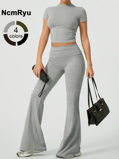 2 Piece Set Women'S Sports Suit Half High Neck round Neck Short Sleeved High Waisted Flip Top Flared Pants Wide Leg Pants Long Pants Soft and Comfortable High Stretch Yoga Clothes Gym Exercise Training Pilates Golf Simple High-End Sports Clothes
