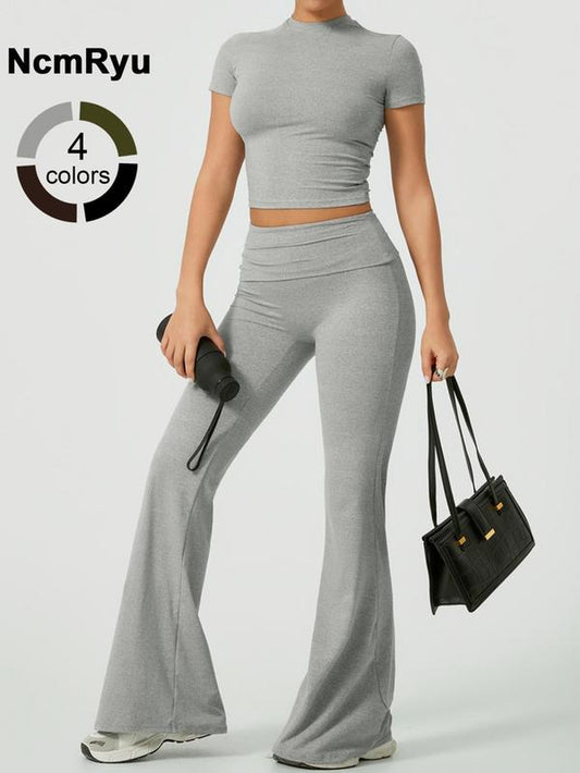 2 Piece Set Women'S Sports Suit Half High Neck round Neck Short Sleeved High Waisted Flip Top Flared Pants Wide Leg Pants Long Pants Soft and Comfortable High Stretch Yoga Clothes Gym Exercise Training Pilates Golf Simple High-End Sports Clothes