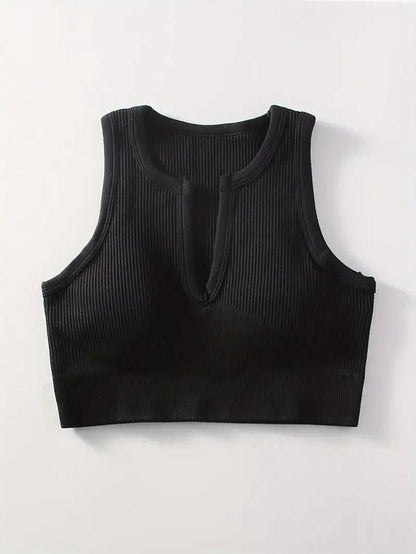 Women'S Solid Notched Neck Crop Sports Push up Tank Top, Casual Comfortable Sleeveless Crop Top, Running Vest, Summer Outfits 2024, Women Sports Clothes, Gym Clothes, Fitness Clothes