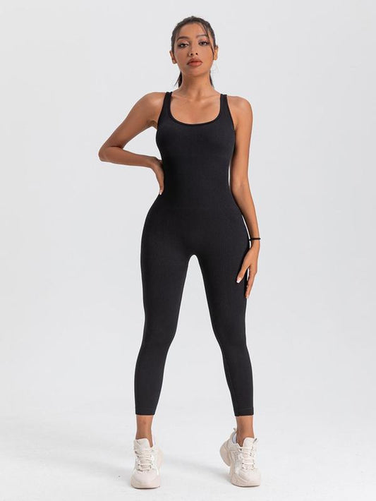 Women'S Plain Textured Ribbed Square Neck Sports Jumpsuit, Casual Solid Color Sleeveless One Piece Workout Unitard for Yoga Gym Workout, Ladies Summer Sports Clothes