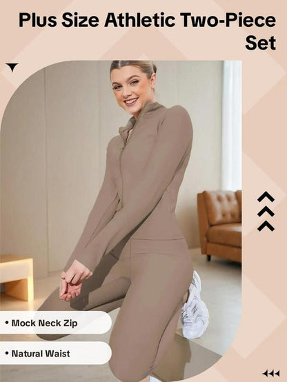 Plus Size Two-Piece Set Workout Outfits Long Sleeve Mock Neck Zip up Jacket and Leggings Set, Casual Spring & Fall Athletic Sports Clothes Set for Women