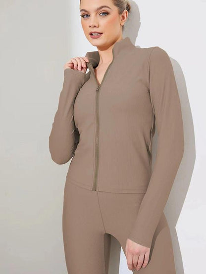 Plus Size Two-Piece Set Workout Outfits Long Sleeve Mock Neck Zip up Jacket and Leggings Set, Casual Spring & Fall Athletic Sports Clothes Set for Women